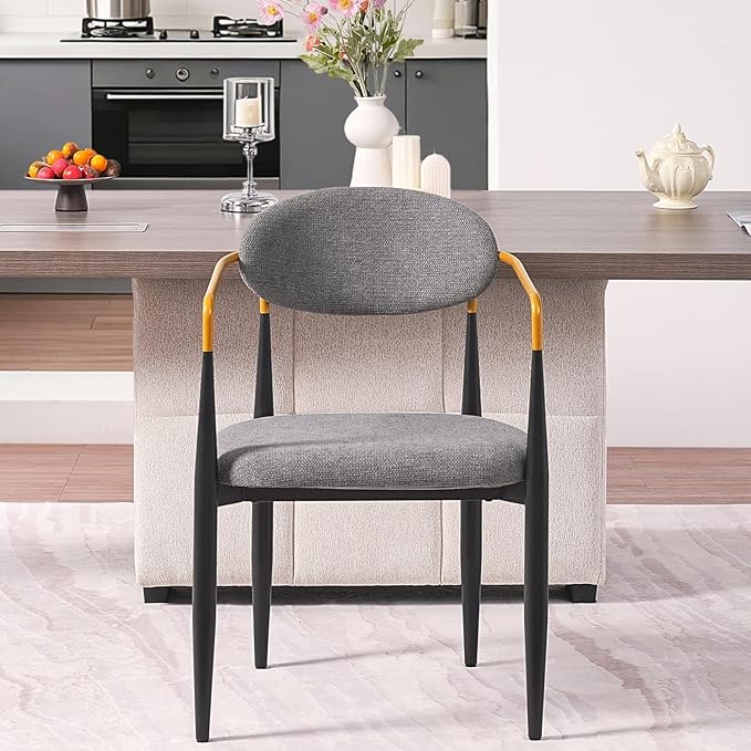 Modern Upholstered Accent Chair Set of 2 with Ergonomic Backrest,Gold Accented Armrests,Linen Fabric Seat,Black Metal Frame,Contemporary Seating for Dining Room,Kitchen Island (Grey,Dining Chair)