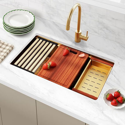 Double Bowl Kitchen Sink 30" X 18",Gold Kitchen Sink Undermount,16 Gauge Stainless Steel Double Bowl Sinks with Workstation