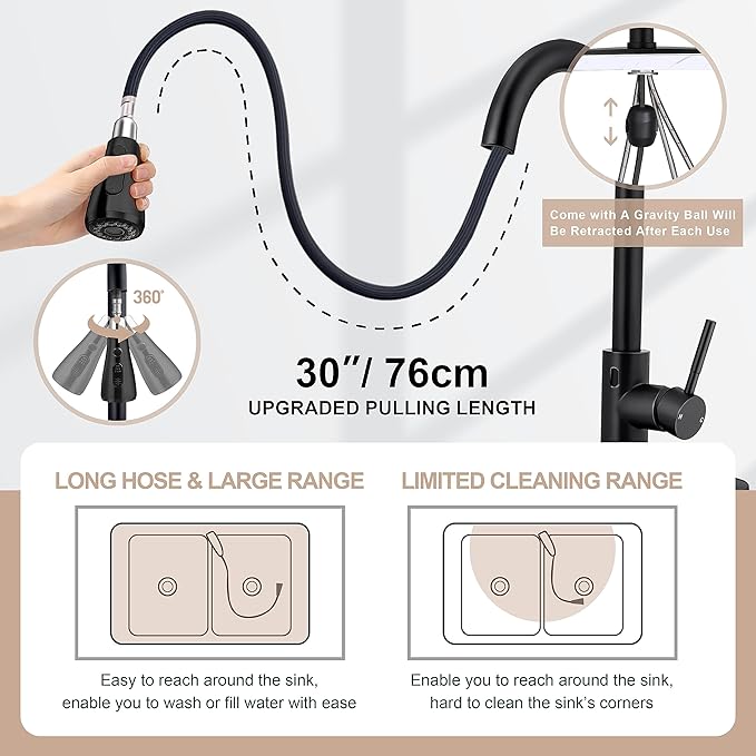 Touchless Kitchen Sink Faucet with Pull Down Sprayer, Herogo Matte Black Stainless Steel Motion Sensor Faucet with Soap Dispenser, Single Handle Smart Activated Kitchen Tap for Farmhouse RV Sink