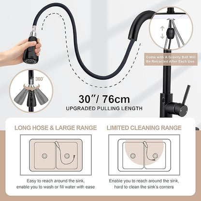 Touchless Kitchen Sink Faucet with Pull Down Sprayer, Herogo Matte Black Stainless Steel Motion Sensor Faucet with Soap Dispenser, Single Handle Smart Activated Kitchen Tap for Farmhouse RV Sink