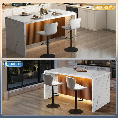 63" Large Modern Rectangle Dining Table for 4-6 People, Imitation Marble Island Table with LED Lights for Kitchen,Dining Room, Bar, Office, Living Room