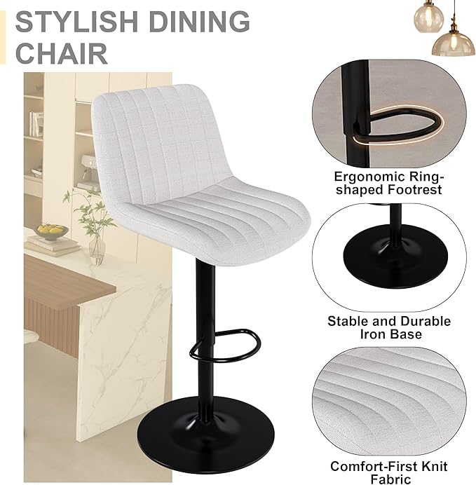 63" Kitchen Island Set with 2 Beige Bar Stools White Marble Look, LED Lighting Grill for Dining Room, Open Concept Spaces, Lounge(2 Beige Bar Stools)