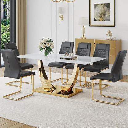 Faux Marble Dining Room Table, Modern Kitchen Table with Golden U-Shaped Base, 71" White Dining Table with Rectangular Glass Top for Dining Room and Kitchen