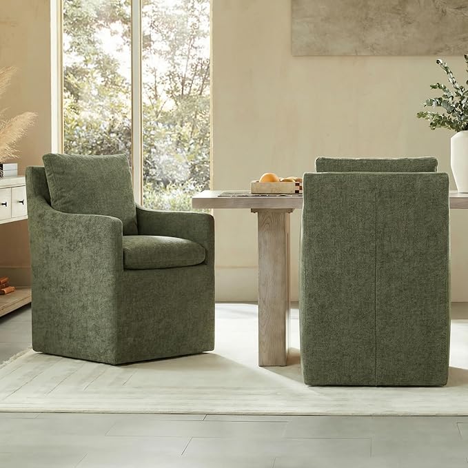 KISLOT Upholstered Dining Chairs with Casters, No Assembly Modern Accent Armchair with Rollers for Dining Room, Bedroom, Living Room, Reading Room, Already Assembled, Green, 1 Box