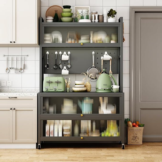 Runboll Kitchen Pantry Cabinet Storage with Microwave Shelf 5 Tier Metal Sideboard Baker's Rack Coffee Bar Hutch Buffet Laundry Storage, with Wheels & Hooks