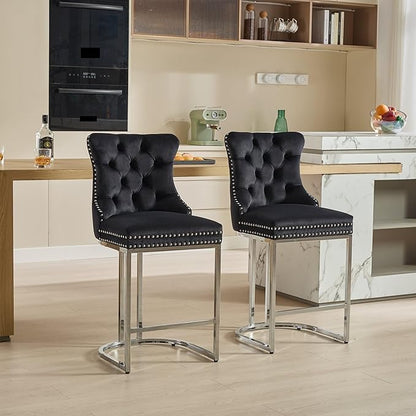 26" Counter Height Bar Stools Set of 2, Modern Velvet Barstools with Button Back&Rivet Trim Upholstered Kitchen Island Chairs with Sturdy Chromed Metal Base Legs