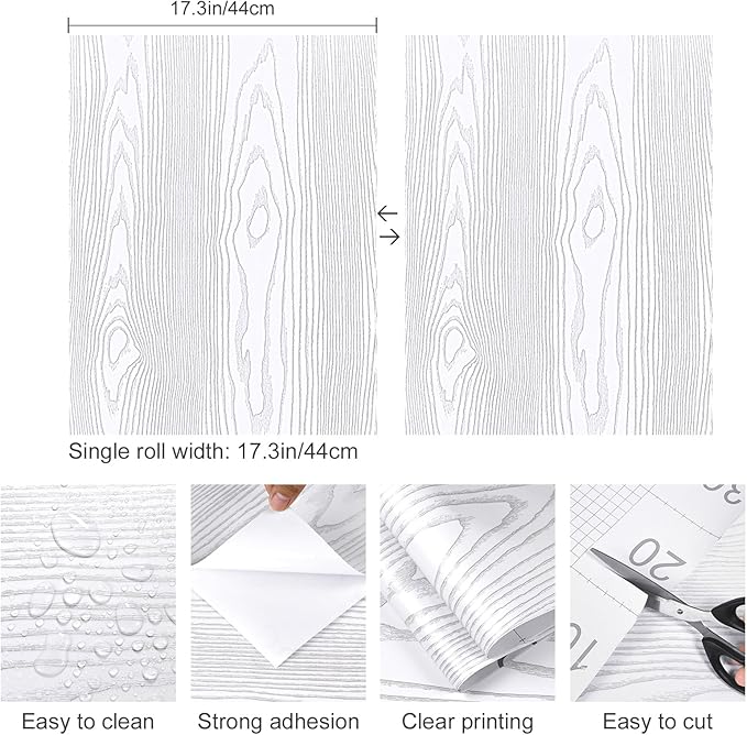Yun-aeon White and Silver Wood Contact Paper 17.3"x120" Rustic Wooden Peel and Stick Wallpaper Removable Self-Adhesive Wallpaper Wood Grain Contact Paper for Countertops Cabinets