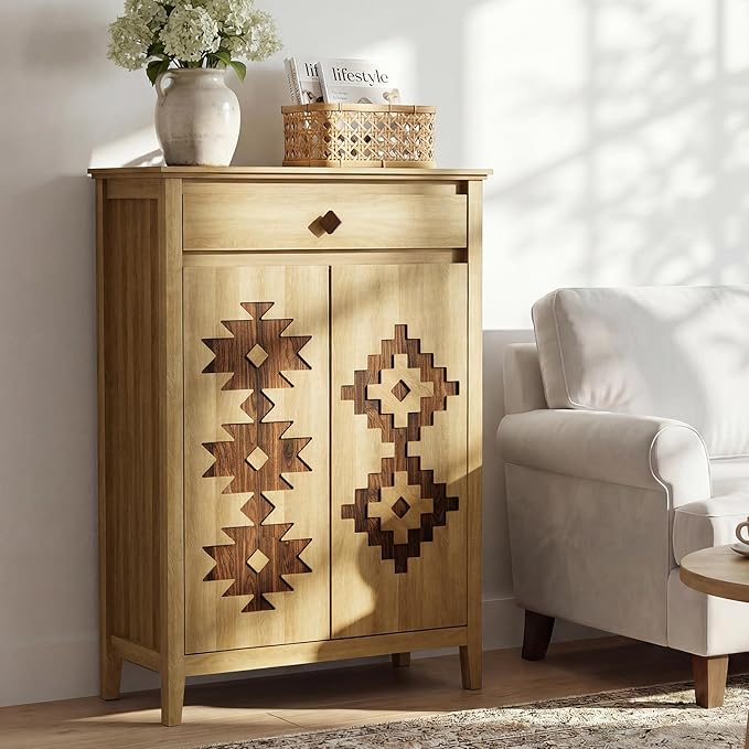 5-Tier Shoe Cabinet with Drawers, Wooden Shoe Storage Cabinet with Adjustable Shelves,Simple Tribal Style Freestanding Walnut Shoe Cabinet Suitable for Entrance,Corridor,Cloakroom,Natural