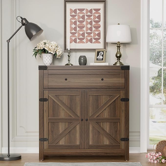 Flamaker Coffee Bar Cabinet with Storage,Sideboard Buffet Cabinet with 1 Drawer and 2 Barn Doors,Kitchen Storage Cabinet for Kitchen, Living Room, Entryway (Brown)