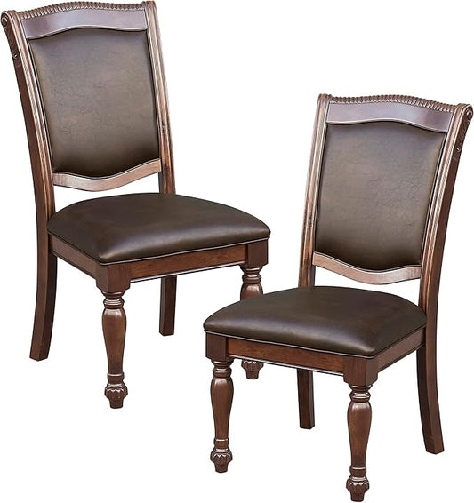 Lordsburg Dining Room Chairs Set of 2, Classic Traditional Dining Chairs For Kitchen, Solid Wood Frame, Solid Back, Armless Side, Cherry Finish, Dark Brown Faux Leather Upholstery, Easy Assembly