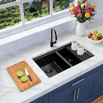 32 Inch Black Sink Undermount Double Bowl, 16 Gauge 50/50 Double Bowl Stainless Steel Workstation Sink, 32"x19"x10" Large and Deep Kitchen Sink With Accessories