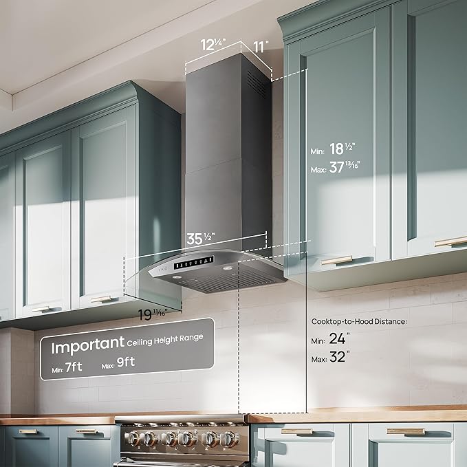 VIKIO HOME 36" Wall Mount Range Hood Tempered Glass 900 CFM, Kitchen Vent Stainless Steel with Gesture Sensing, Touch Control Switch Panel, Suitable for 7-9ft, Ducted, 3-Speed, Permanent Filter