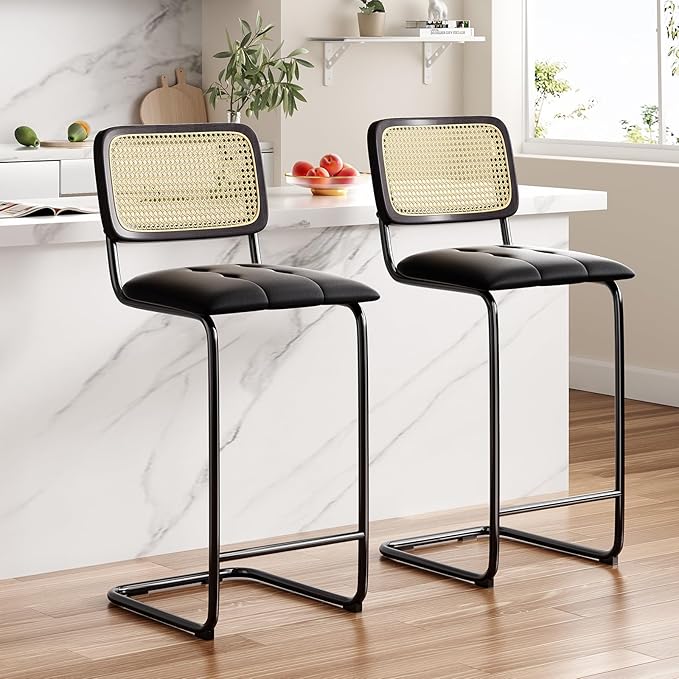 Counter Height Bar Stools Set of 2, Upholstered PU Leather Bar stools with Rattan Back, 30 inch Stools Armless Bar Chairs for Kitchen Island, Black
