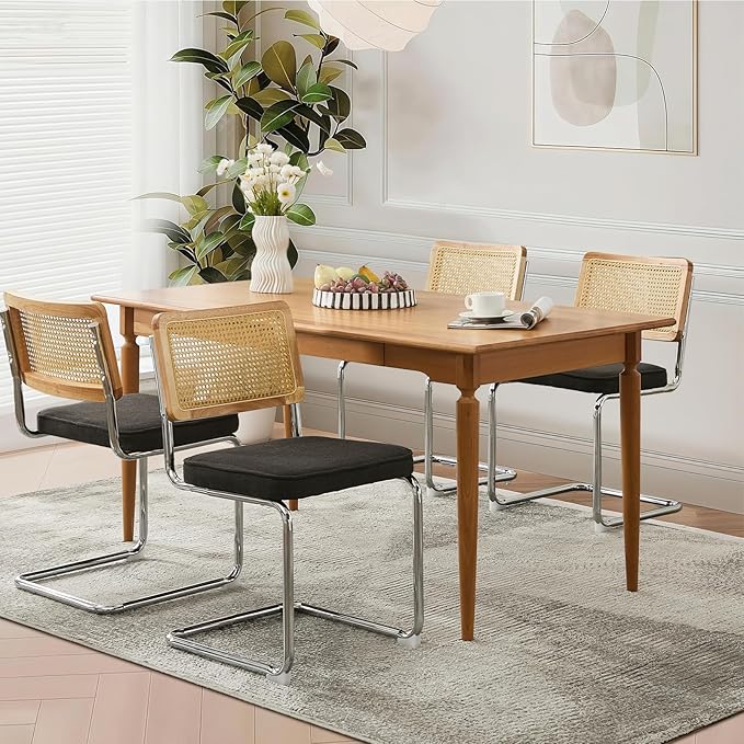 Rattan Back Linen Dining Chair Set of 2 Modern Breuer Designed Stainless Chrome Base Armless Upholstered Dining Chair for Dining Room, Kitchen Island(Black)