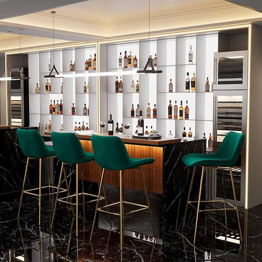 Modern Bar Table and Bar Stools Set, Marble-Look Counter Table with Wood Accent Top & Green Velvet Bar Chairs Set of 4 with Gold Legs, Kitchen Island Pub Table Set for Home Bar, Dining Room
