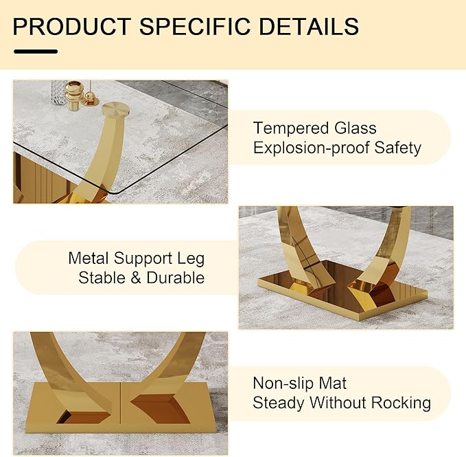 71” Glass Dining Table, Modern Dining Room Table for 6-8, Luxury Gold Kitchen Table with U-Shaped Metal Legs, 0.4” Tempered Glass Top for Elegant Dining Room Spaces