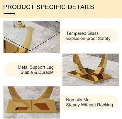 71” Glass Dining Table, Modern Dining Room Table for 6-8, Luxury Gold Kitchen Table with U-Shaped Metal Legs, 0.4” Tempered Glass Top for Elegant Dining Room Spaces
