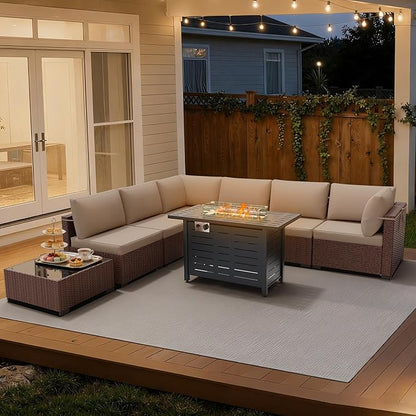 LOUVIXA 8 Piece Outdoor Patio Furniture Set, Outdoor Sectional Sofa with Firepit Table, Wicker Rattan Patio Furniture, Patio Conversation Set with Coffee Table & Cushions