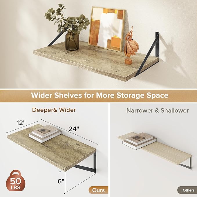 Acovy Deep Floating Shelves Wall Mounted, 24"x12" Gray Wall Shelves with Brackets Set of 2 for Bedroom, Living Room, Bathroom, Kitchen, Office - Storage & Display Shelf for Decor, Books, Plants