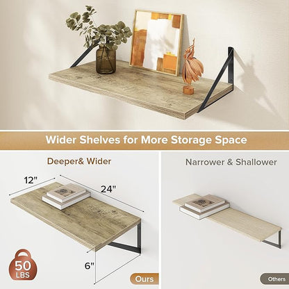 Acovy Deep Floating Shelves Wall Mounted, 24"x12" Gray Wall Shelves with Brackets Set of 2 for Bedroom, Living Room, Bathroom, Kitchen, Office - Storage & Display Shelf for Decor, Books, Plants