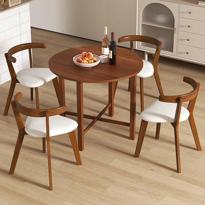 Giantex 36" Folding Dining Table for 2-4, Extendable Drop Leaf Kitchen Table with Solid Rubber Wood Frame, Space-Saving Round Dinner Table for Small Space, Living Dining Room, Dinette, Walnut