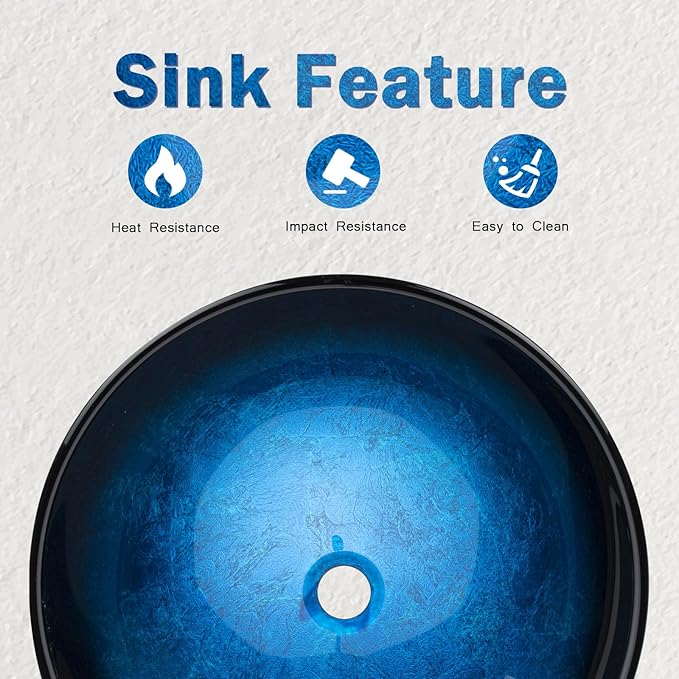 Design Vessel Sink Bathroom Sink above counter Small Vessel Sink Bathroom Sink Bowl Countertop Modern Sinks with faucet and drain combo 16.5" Round Blue New