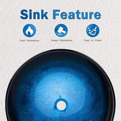 Design Vessel Sink Bathroom Sink above counter Small Vessel Sink Bathroom Sink Bowl Countertop Modern Sinks with faucet and drain combo 16.5" Round Blue New