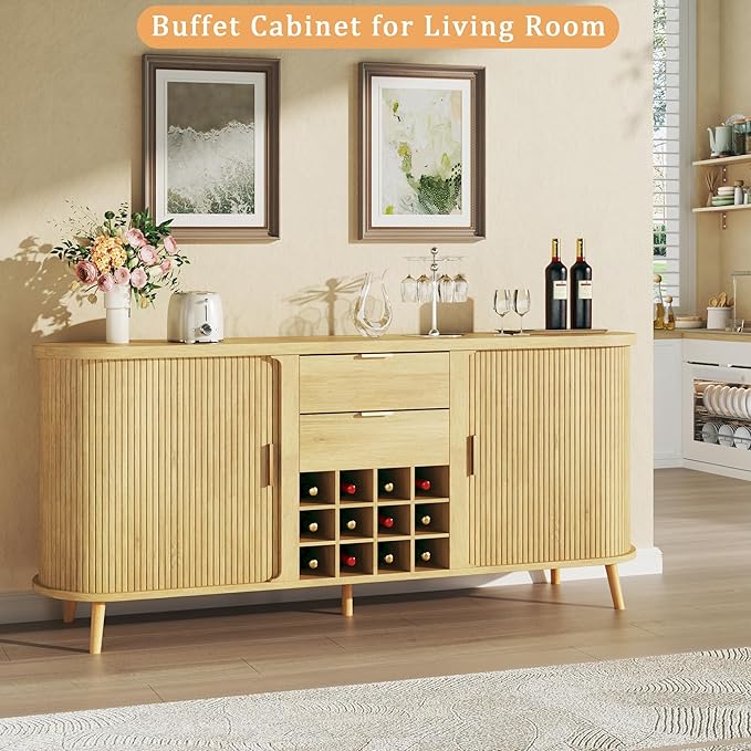 HUAHUU 58" Buffet Cabinet with Storage, Fluted Wine Bar Cabinet with Drawers & Adjustable Shelves, Mid-Century Modern Buffet Sideboard with 12 Wine Racks for Kitchen Living Room, Natural Oak