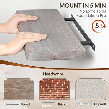 Live Edge Floating Shelves Set of 2, 36 Inch Solid Elm Wood Wall Shelves - Invisible Bracket Mount for Living Room, Bedroom, Kitchen, Bathroom | Weathered Gray