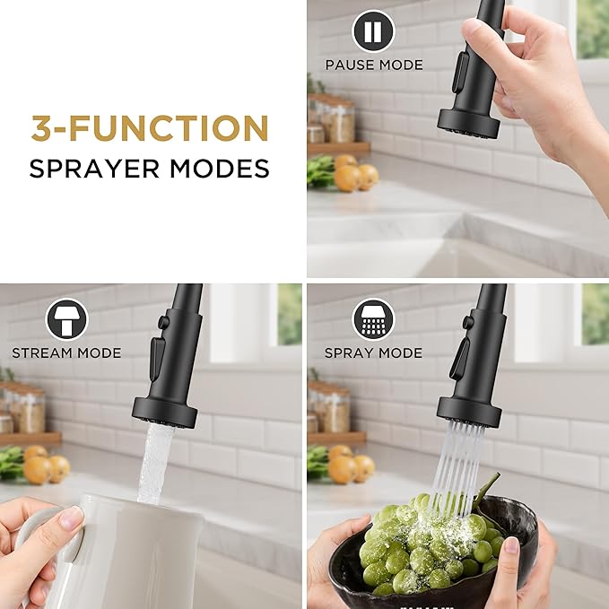 FORIOUS Black Kitchen Faucets with Sprayer, Stainless Steel Sink Faucet Single Handle with Deck Plate, Commercial Classic Spring Faucet for Kitchen Sink, Bar & Prep Sinks, Laundry RV Camper
