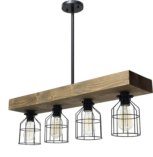 Elegant Designs CH1001-RWD 4 Light Rustic Farmhouse Industrial Wired Cage Pendant Island Light Chandelier, Restored Wood