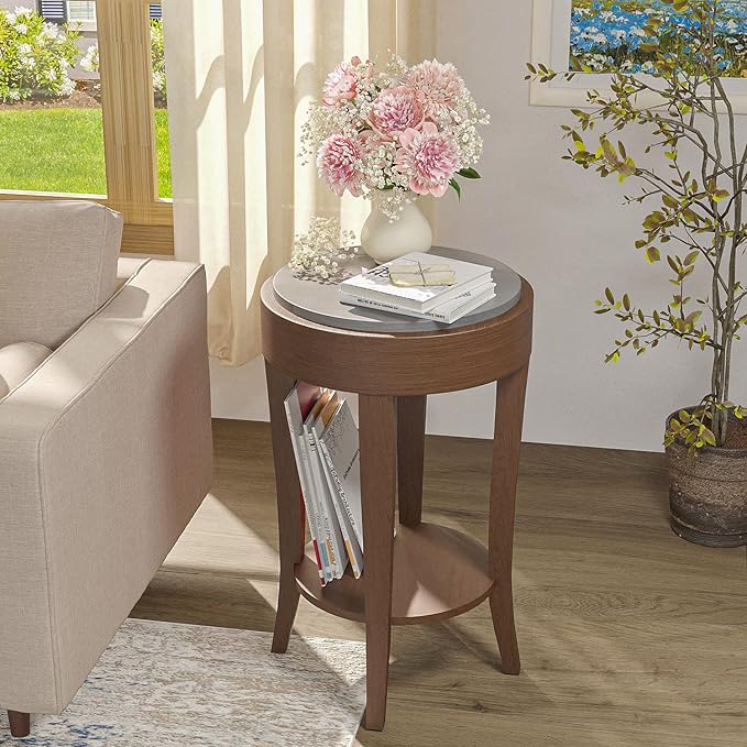 SUNBURY Farmhouse End Table with Open Storage Shelves, 16" W Round Wood Side Table, MDF Accent Nightstand for Living Room, Bedroom, and Dining Room (Dark Gray & Rustic Brown)