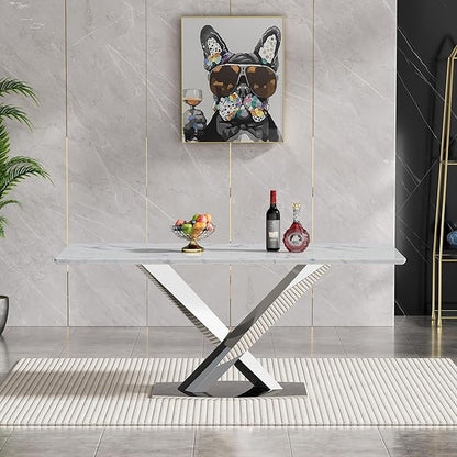 70 in Faux Marble Dining Table for 4 6 8, Modern White Silver Kitchen & Dining Room Table with X-Shape Stainless Steel Pedestal, Luxury Rectangular Large Dinner Table for Kitchen Home