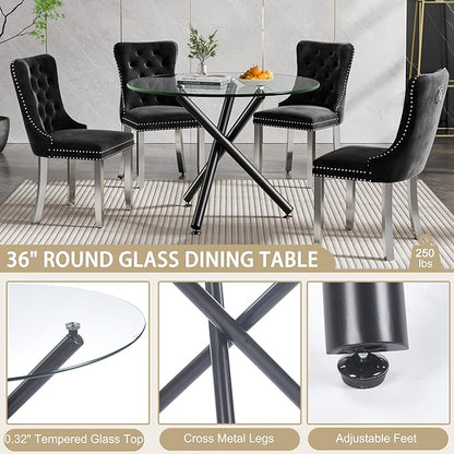 36" Round Dining Table for 4, Modern Clear Glass Kitchen Table for 4 with Black Cross Metal Legs, Contemporary Small Circle Dining Room Leisure Tables for Kitchen Apartment