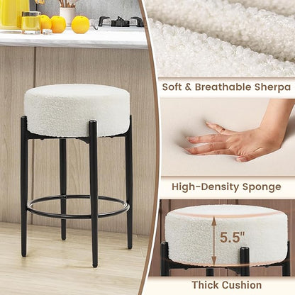 Murago Counter Height Bar Stools, Set of 4, 24" Modern Backless Bar Stools, Ideal for Kitchen Counter, Kitchen Island, Boucle Sherpa Padded Cover, with Round Soft Seat and Foot Rest, White