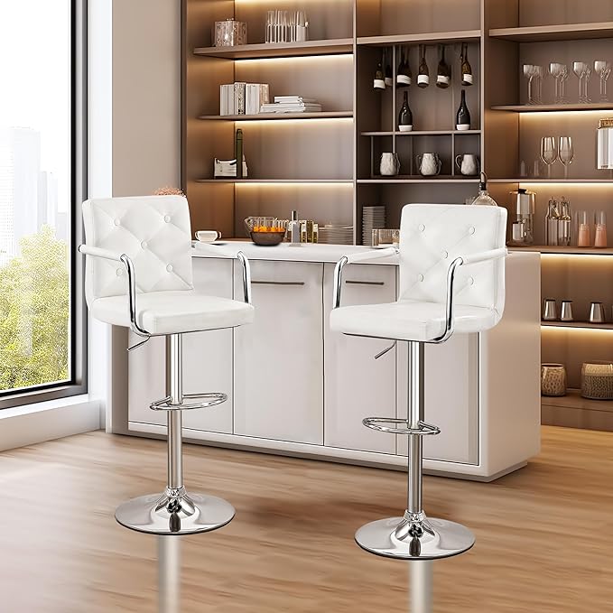 VECELO Bar Stools, Adjustable Bar Stools Set of 4, Counter Height Barstool with Back and Arms, Swivel PU Leather Bar Chairs for Kitchen/Island, White