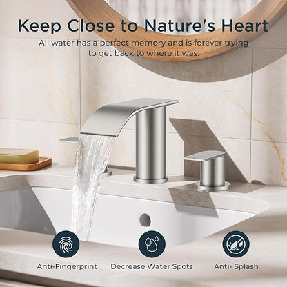 FORIOUS Upgrade Bathroom Faucets 3 Hole Brushed Nickel, Waterfall 8 Inch Widespread Bathroom Sink Faucet with Pop-up Drain and Supply Lines, Two Handles for Vanity, Farmhouse, School Restroom Sink