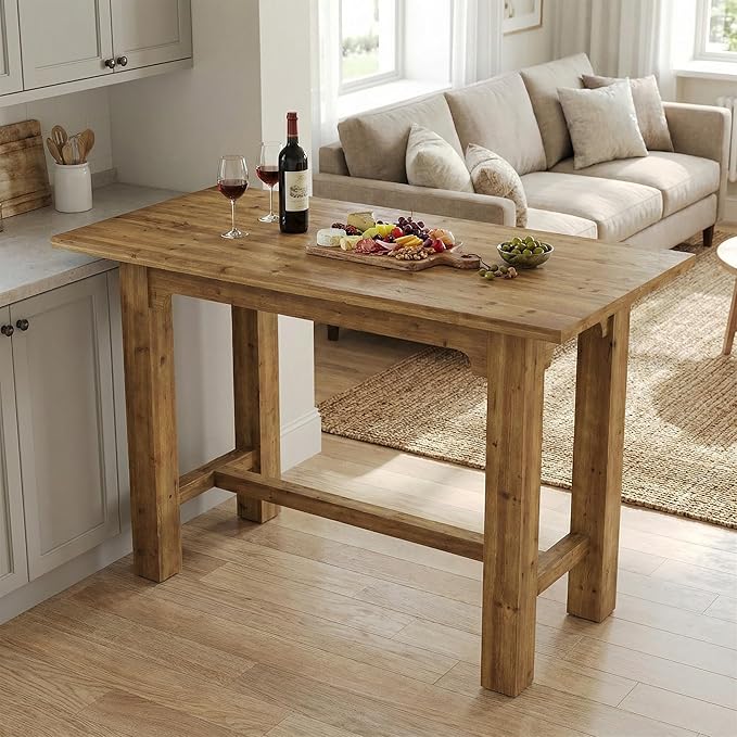 63-Inch Counter Height Dining Table, Solid Wood bar Height Kitchen Table for Dining Room, Rectangular Home Bar Furniture with Natural Grain, Brown