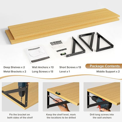 Acovy Deep Floating Shelves Wall Mounted, 55"x12" Oak Wall Shelves with Brackets Set of 2 for Bedroom, Living Room, Bathroom, Kitchen, Office - Storage & Display Shelf for Decor, Books, Plants