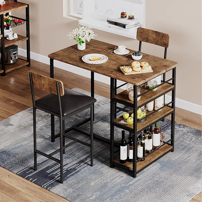 Bar Table Set for 2 with 3 Storage Shelves, Space-Saving Kitchen Table & Chairs with PU Cushions, Thick MDF Wood Top and Steel Frame for Apartment and Bistros - Brown