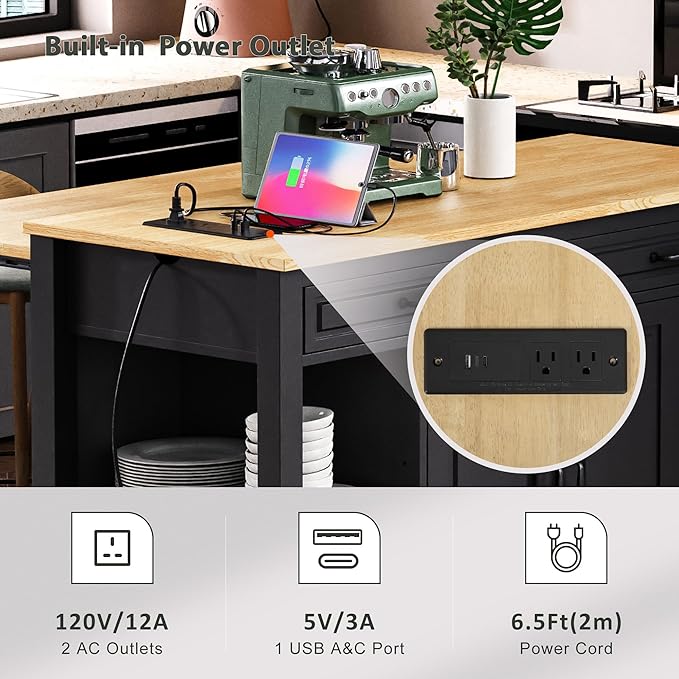 Modern Dining Table Kitchen Island 47 Inch Extendable with Rack Power Outlet Rubber Wood Veneer Adjustable Sturdy Stable Easy Clean Counter Console Luxury,Black-MDF