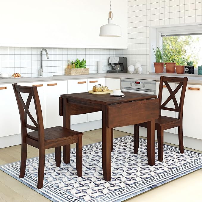 Rustic Style 3-Piece Wood Dining Table Set with Extendable Drop Leaf Table and 2 X-Back Chairs,for Small Places Restaurant Kitchen Furniture