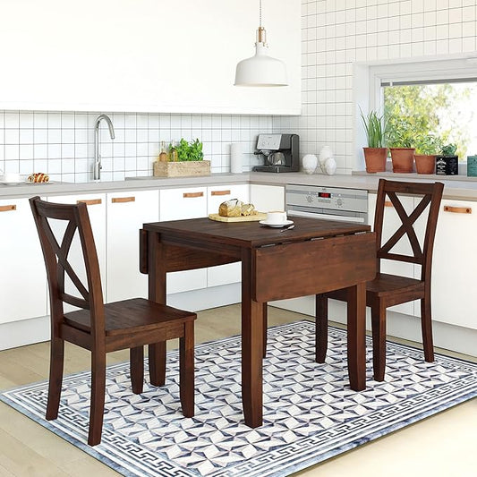 3-Piece Farmhouse Dining Table Set, Wood Drop Leaf Breakfast Nook Dining Table Set with 2 X-Back Chairs for Small Places