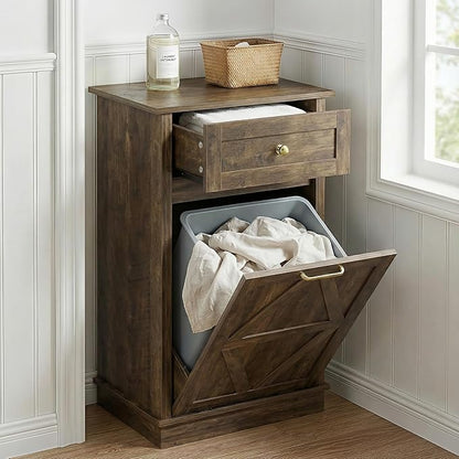 YESHOMY Tilt Out Trash Cabinet,10 Gallon Hidden Wooden Bin Cabinets, Laundry Hamper with Drawers, for Kitchen, Dining Room(Dark Brown)