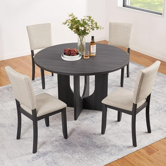 5-Piece Round Dining Table Set for 4, 47.3" Round Dining Room Table with 4 Upholstered Chairs, Modern Kitchen Table and Chairs Set of 4 for Kitchen and Dining Room, Antique Black & Beige