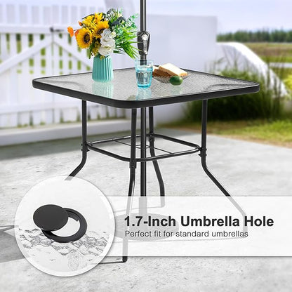 NUU GARDEN 31.5" Square Patio DiningTable, Patio Table with Umbrella Hole, Patio Dining Table with Tempered Glass, Outdoor Dining Tables, Square Patio Table for Balcony,Black