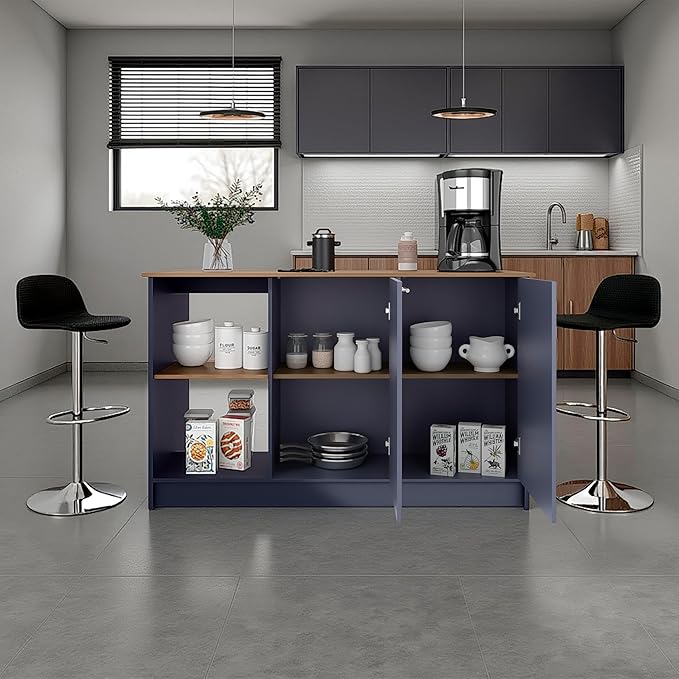 GOWE Kitchen Island 35.7" H, 2 Doors, 6 Shelves, Alby Blue/Natural Oak - Kitchen