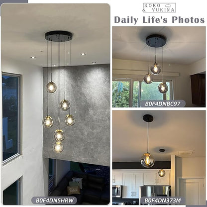KoKo&Yukina Gold 10-Light Chandelier Modern Stairwell Lighting Adjustable Globe Cluster Lights with Grey Glass for Staircase