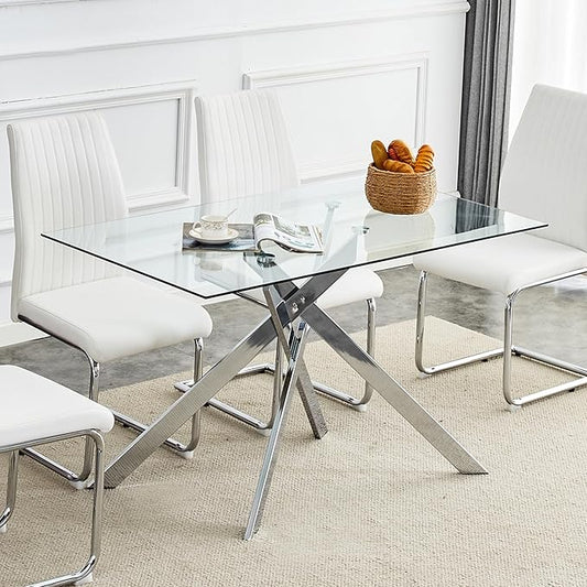 51" Rectangle Dining Table for 4 5 6 People, Modern Dining Table with Silver Chrome Metal X-Shaped Legs, Large Glass Kitchen Table Family Dinner Table for Home Office Living Room