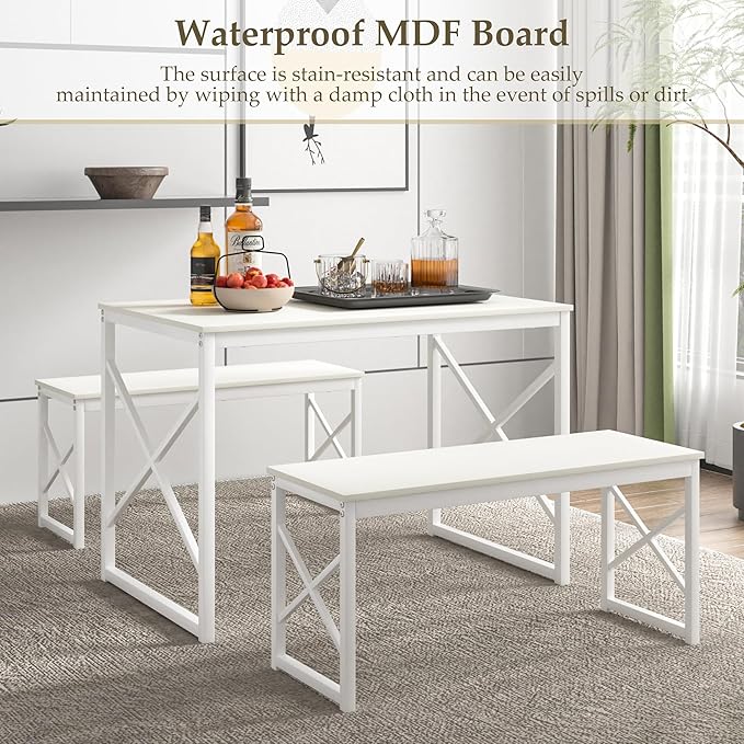 VECELO Kitchen Table with 2 Benches for 4, 43.3'' Wood Dining Room Dinette Sets with Metal Frame for Breakfast Nook and Small Space, White